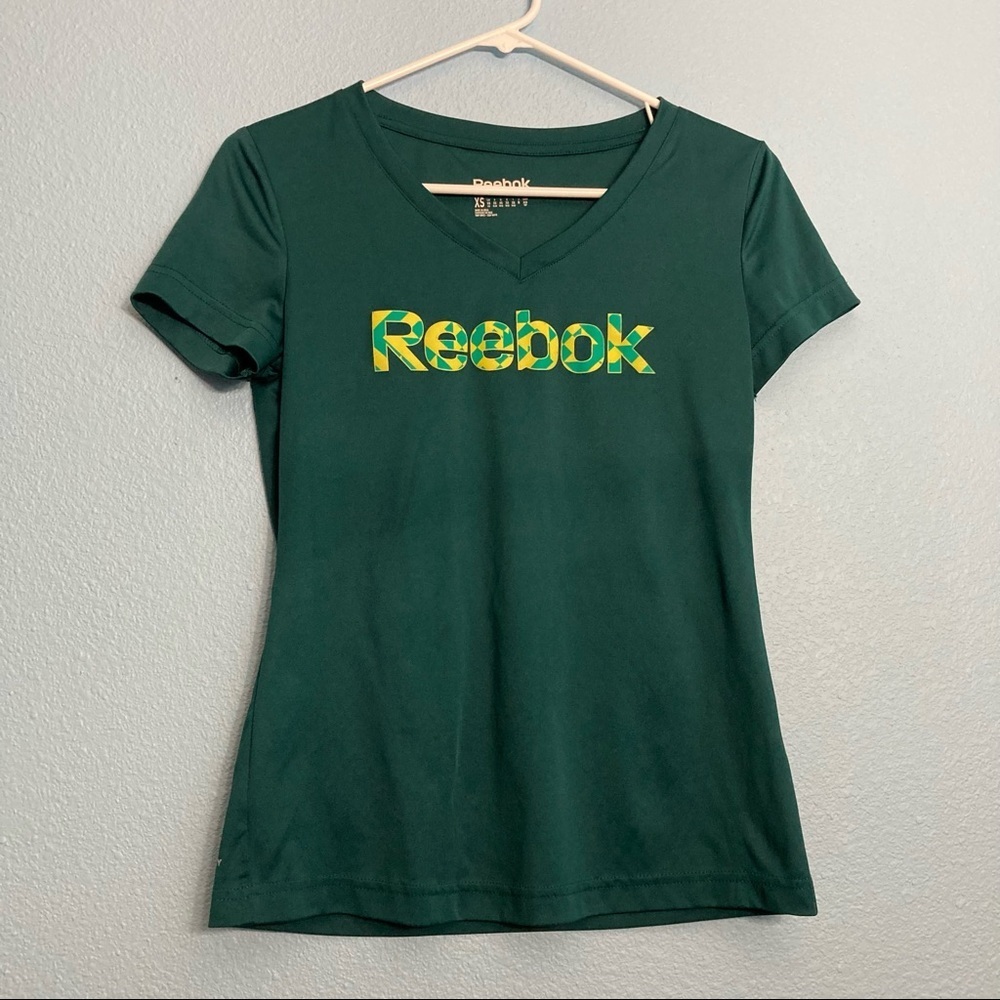 Reebok Fitted Workout Tee - Green - XS - Geometric Art Deco Logo